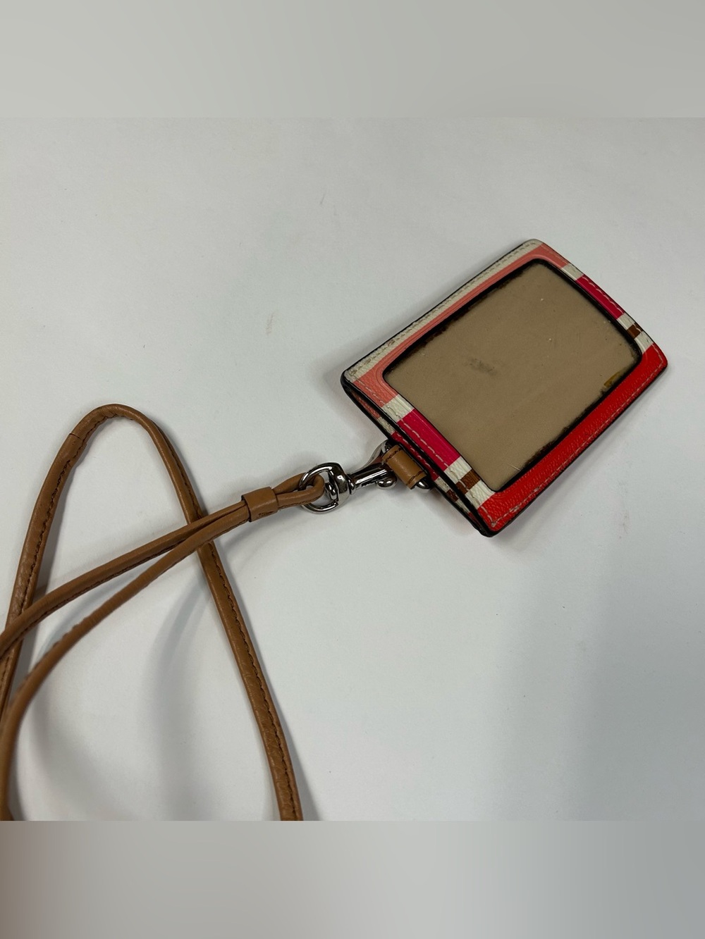 Coach Women’s Laynard ID Credit Card Key Holder Pink Brown White Striped #4200 - Picture 3 of 7